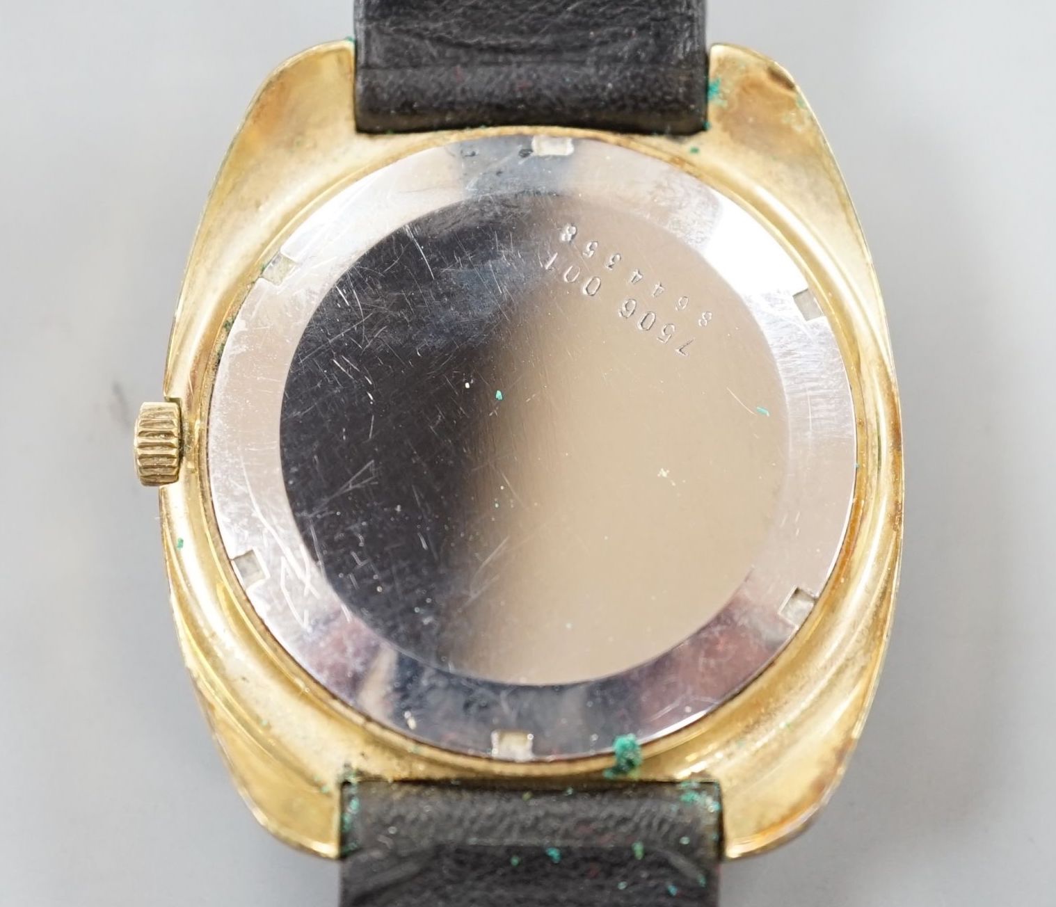 A gentleman's 1970's gilt and steel Certina Biostar Electronic wrist watch, on associated black leather strap, case diameter 39mm, with Certina box.